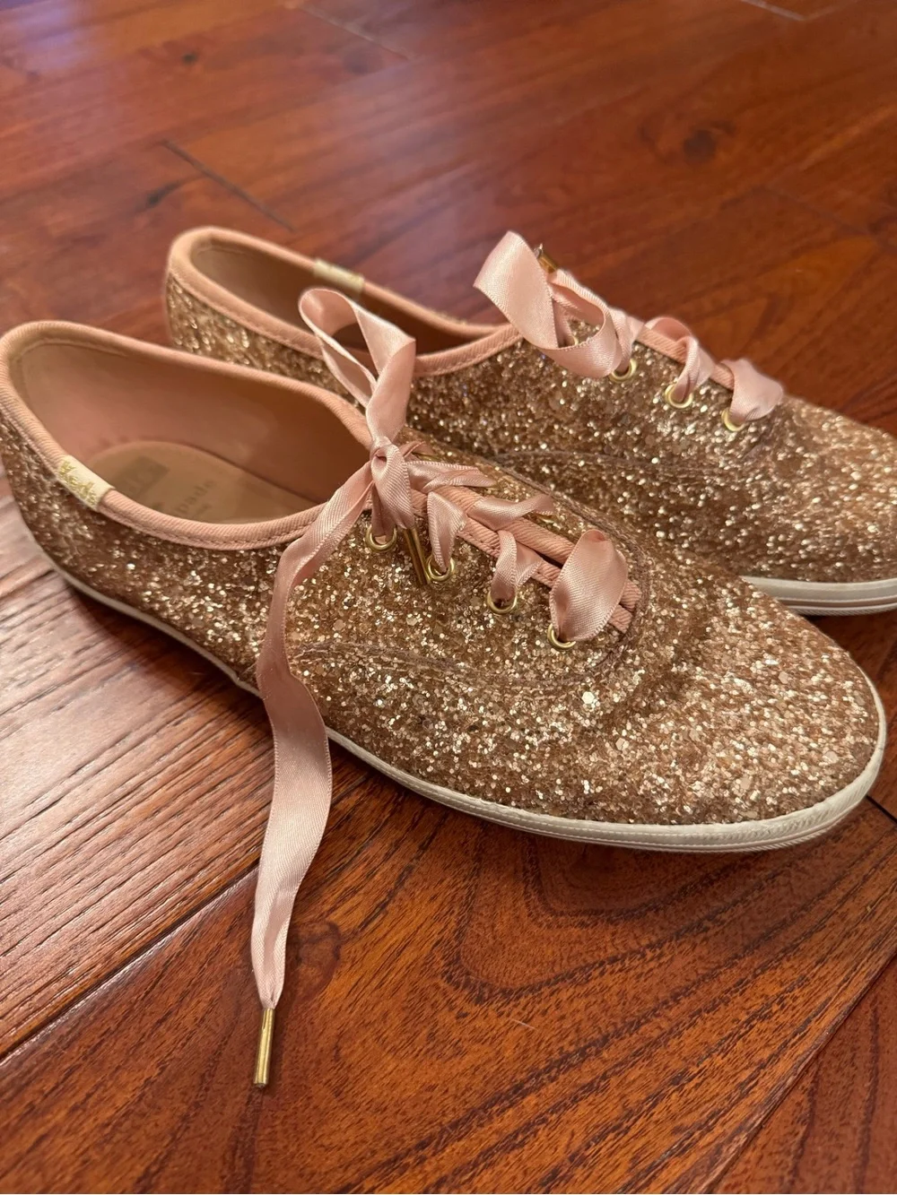 Kate Spade x Keds Pink Rose Glitter Champagne Sneakers 7.0 with Satin Laces